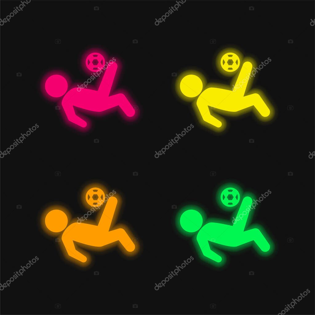 Bicycle Kick four color glowing neon vector icon