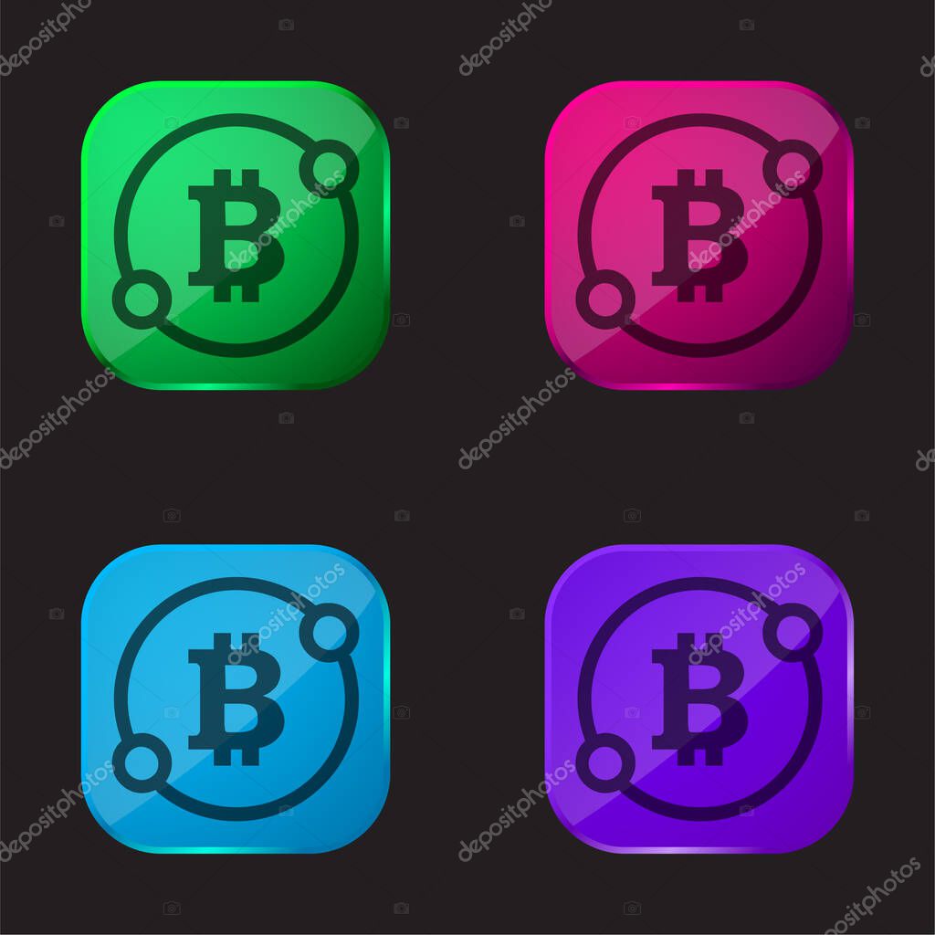 Bitcoin Sign In A Circle With Two Spots Connect Symbol four color glass button icon