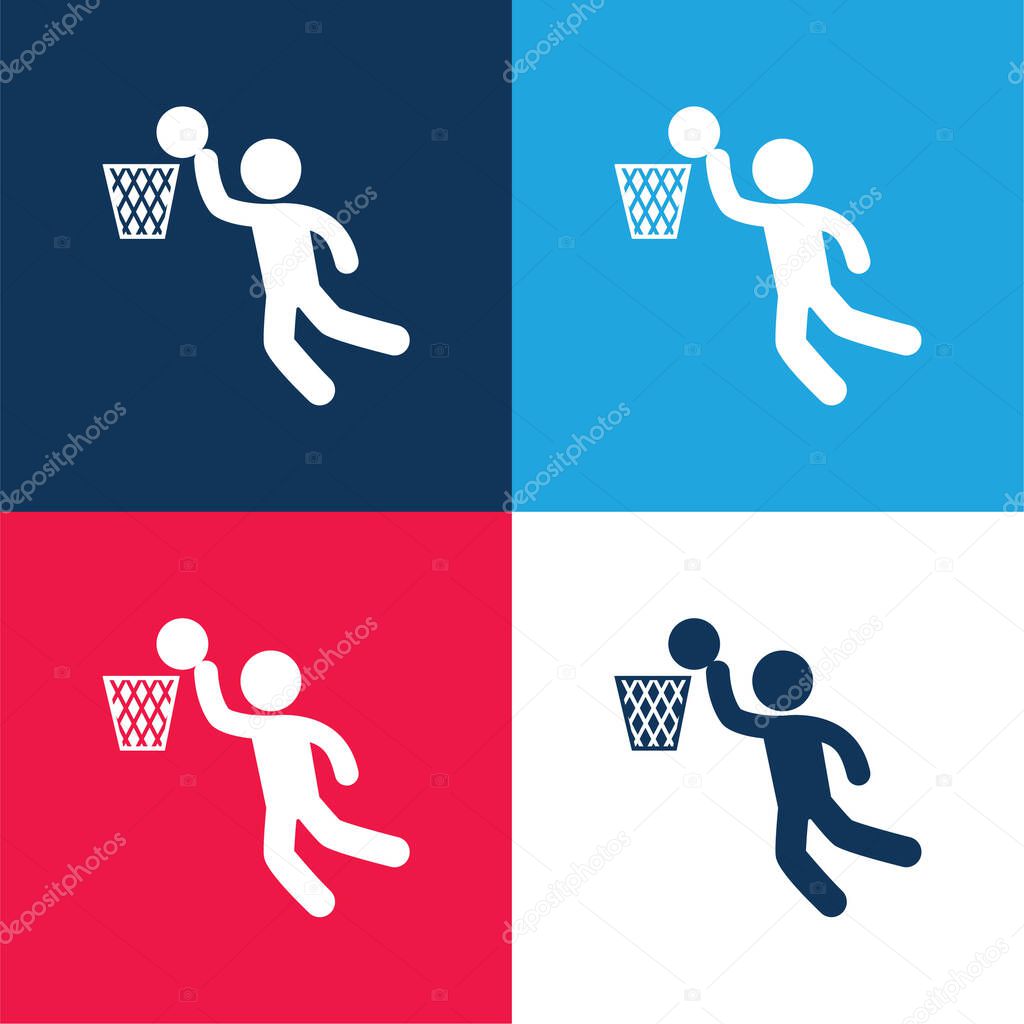 Basketball Player Scoring blue and red four color minimal icon set