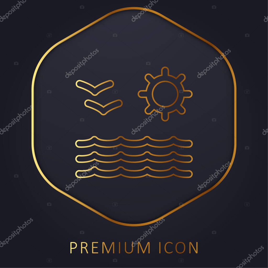 Beach View Of Sea Sun And Seagulls Couple golden line premium logo or icon