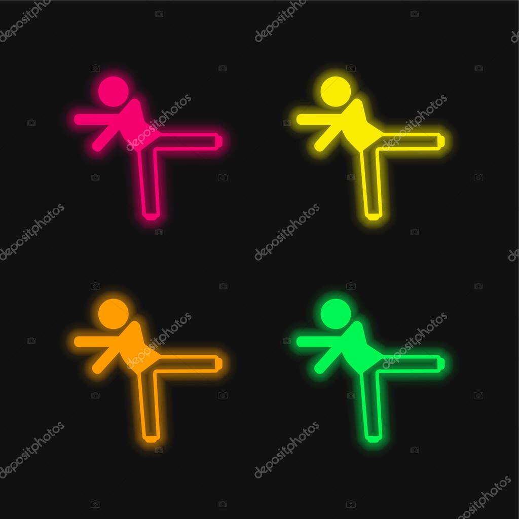 Boy Kicking With Left Leg four color glowing neon vector icon