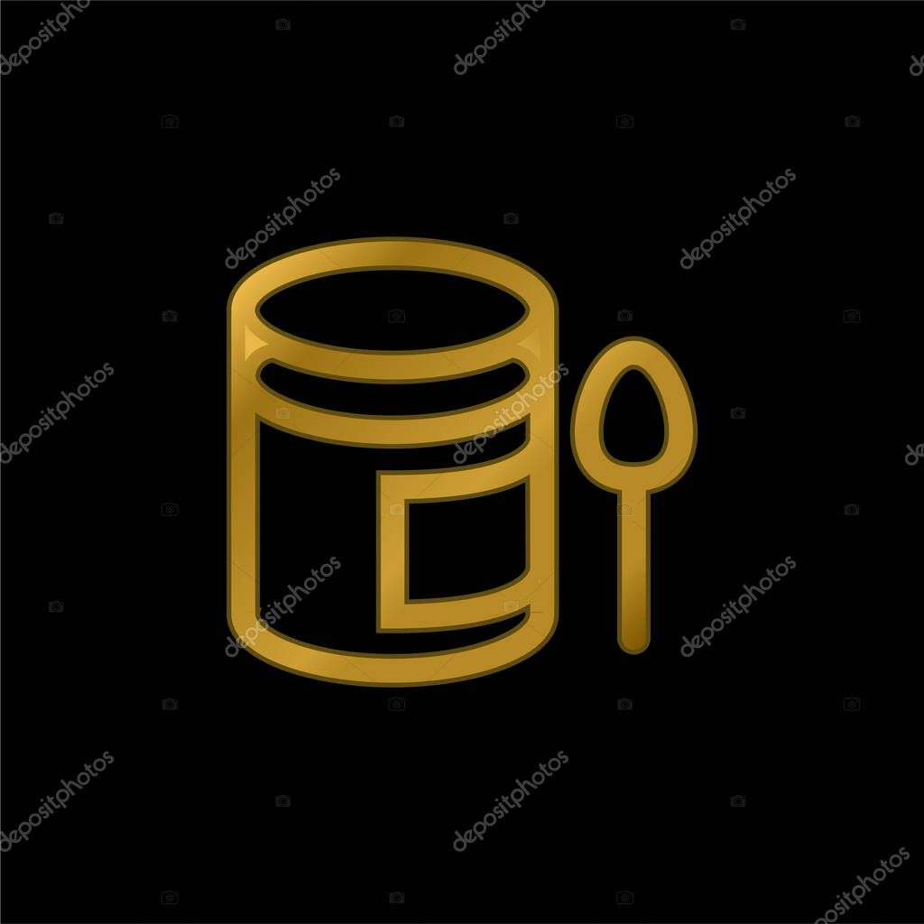 Baby Puree Pot And A Spoon gold plated metalic icon or logo vector