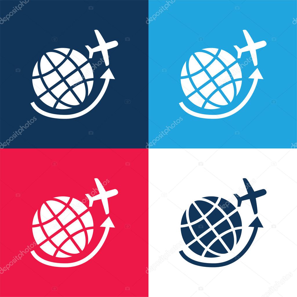 Airplane Flying Around Earth Grid blue and red four color minimal icon set