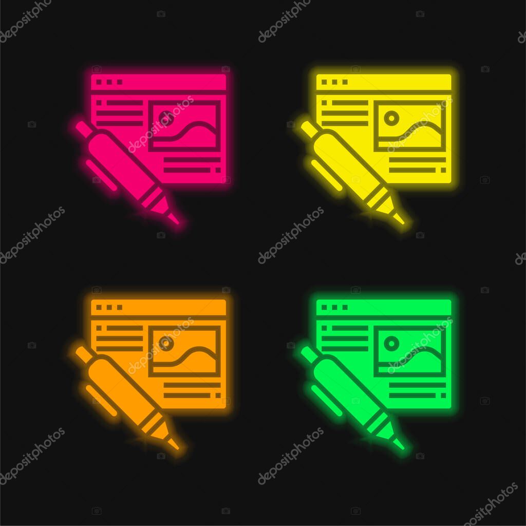 Blog four color glowing neon vector icon