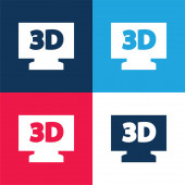 3D Televízió kék és piros négy szín minimális ikon készlet