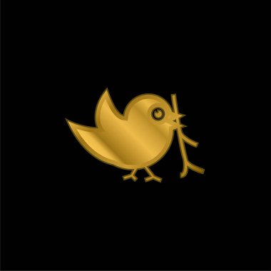 Gagasında Sprig olan kuş altın kaplama metalik ikon veya logo vektörü