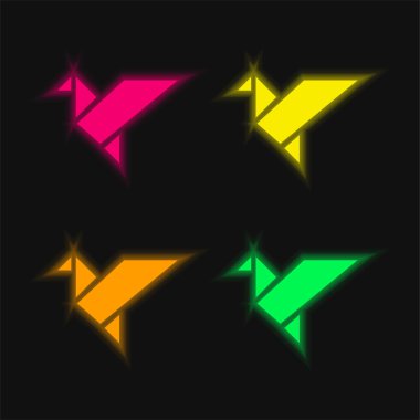 Origami Uçuşundaki Kuş Dört Renkli Parlak Neon Vektör simgesi