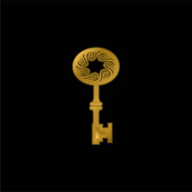 Oval bir altın kaplamalı metal ikon veya logo vektöründe Yıldızların Ortasında Deliği olan antik anahtar şekli