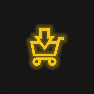 Alışveriş Arabası E Ticaret Düğmesine Ekleme Aşağı Ok Sarı Parlak Neon Simgesi