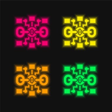 Blok zinciri dört renk parlak neon vektör simgesi