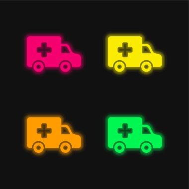 Ambulans Tarafı Görünümü 4 renkli neon vektör simgesi