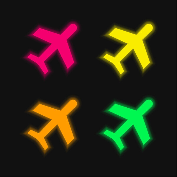 Airplane four color glowing neon vector icon