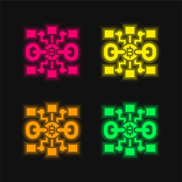 Blockchain четыре цвета светящийся неоновый вектор значок
