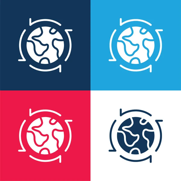 Alrededor Del Mundo Azul Rojo Conjunto Iconos Mínimo Cuatro Colores — Vector de stock