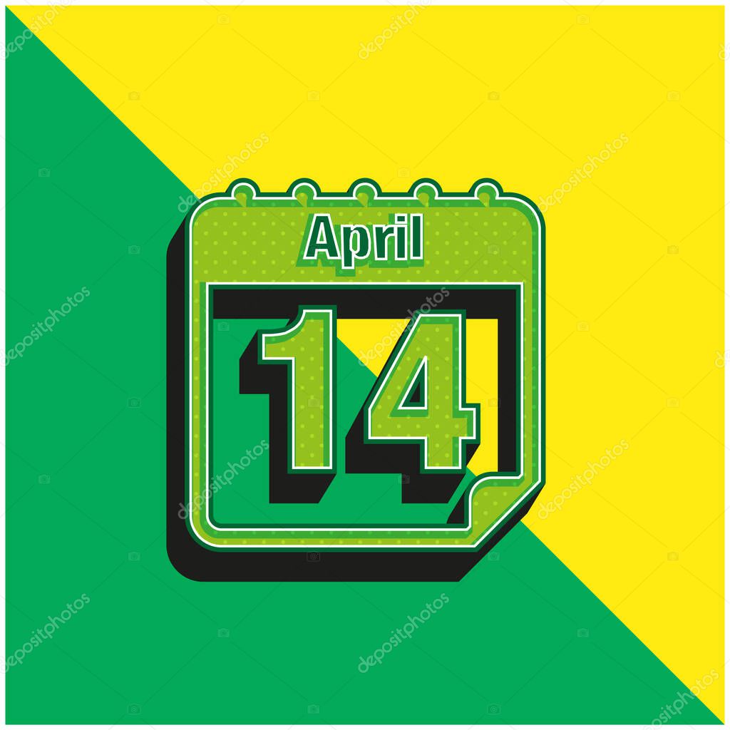 April 14 Calendar Page Day Green and yellow modern 3d vector icon logo