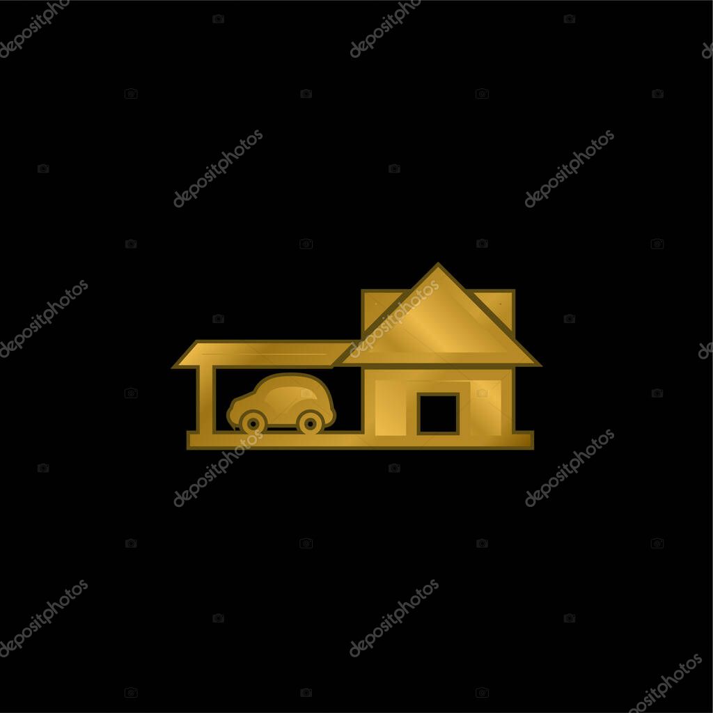 Big House With Car Garage gold plated metalic icon or logo vector