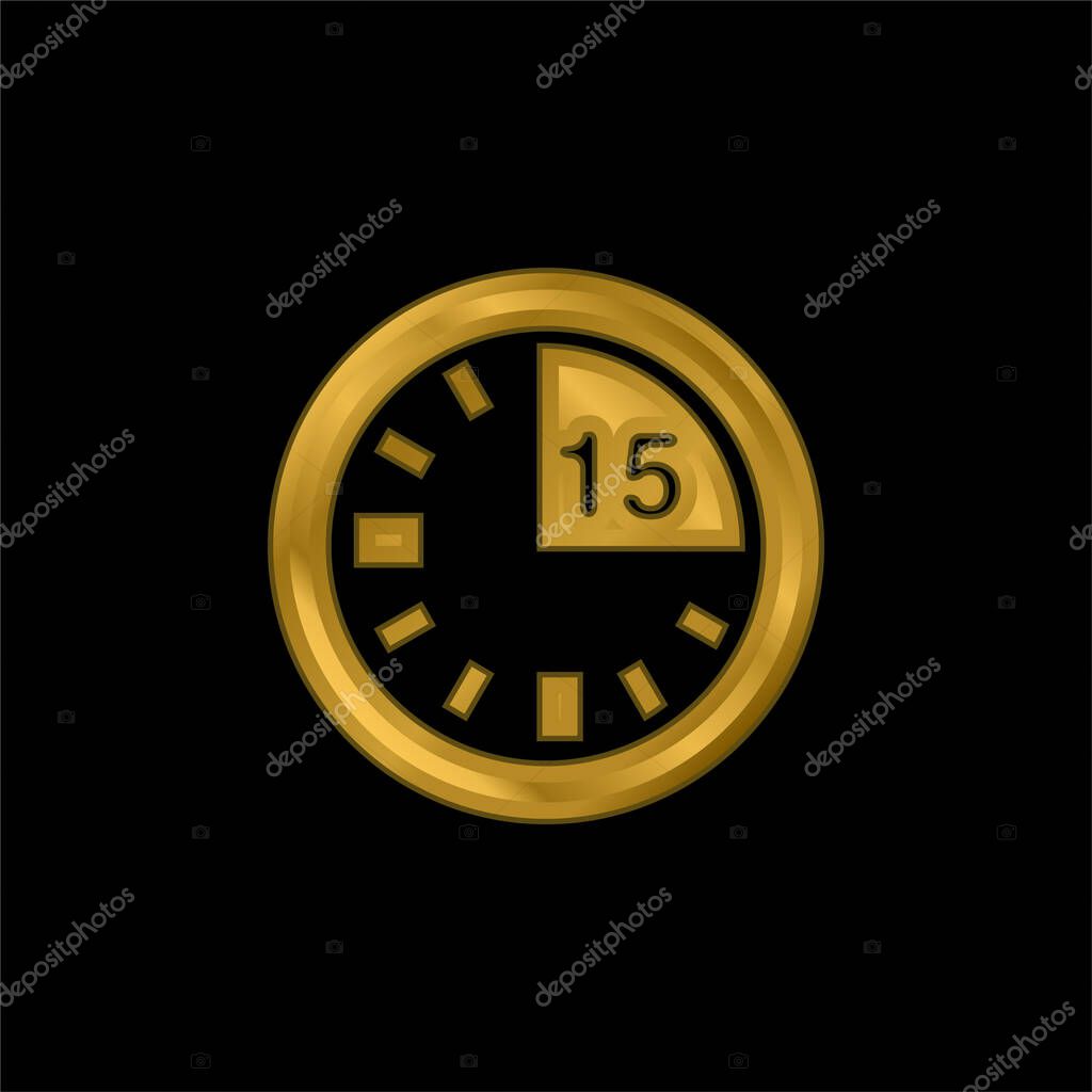 15 Minute Mark On Clock gold plated metalic icon or logo vector