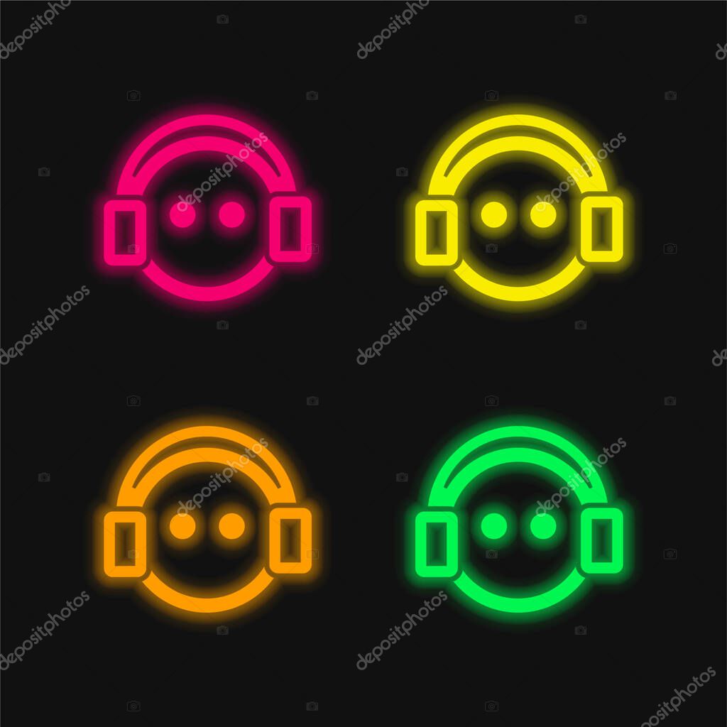 Boy With Headphones four color glowing neon vector icon