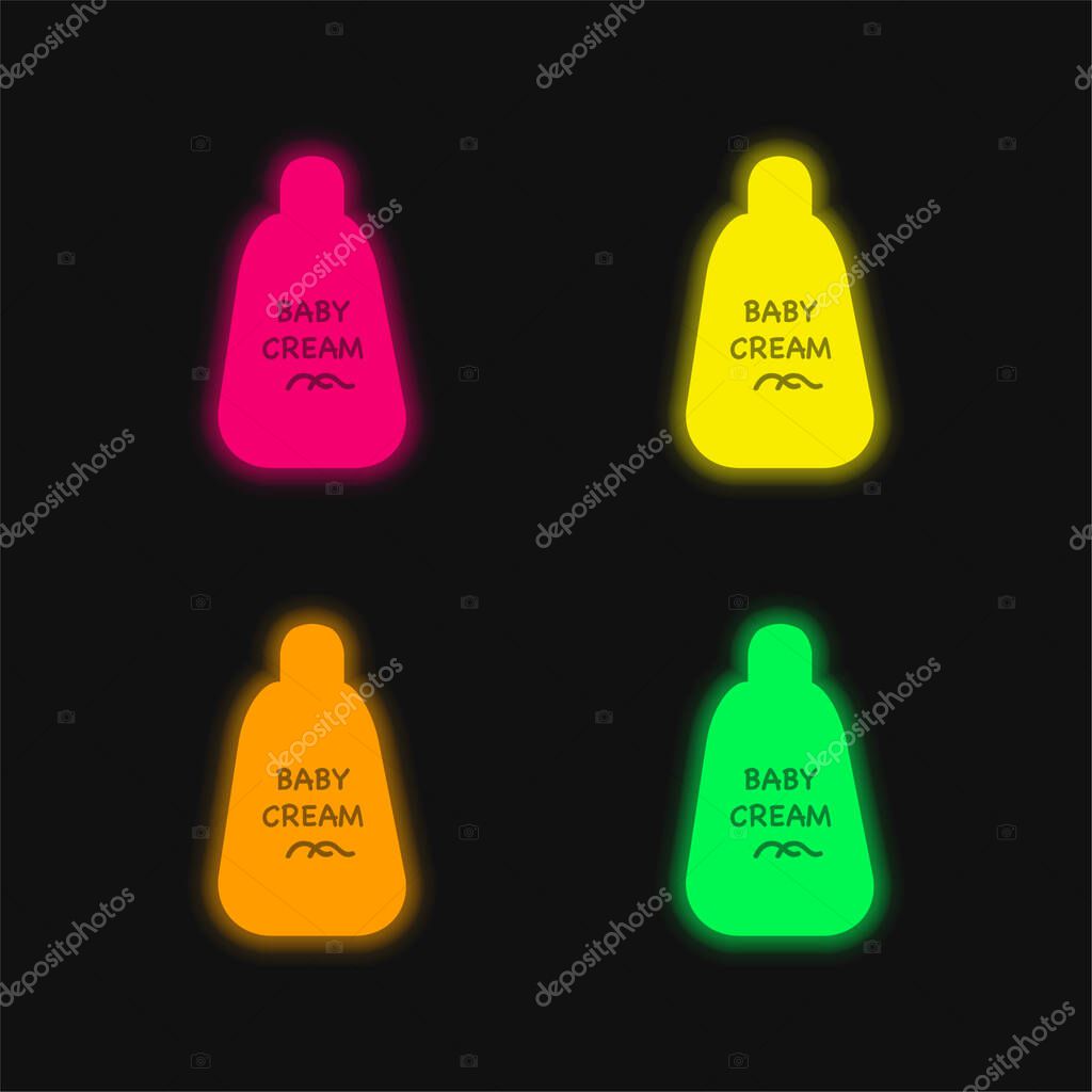 Baby Cream Bottle four color glowing neon vector icon