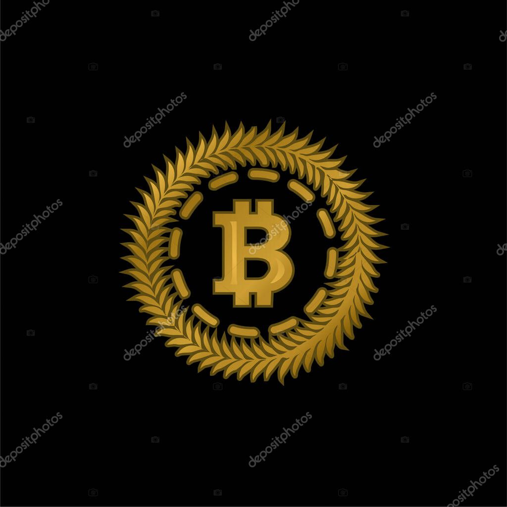 Bitcoin Surrounded By A Circle Of Olive Leaves gold plated metalic icon or logo vector