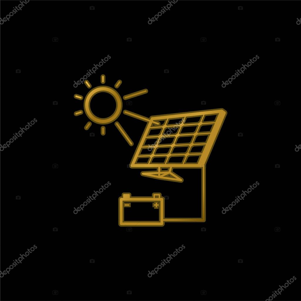 Battery Charging With Solar Panel gold plated metalic icon or logo vector
