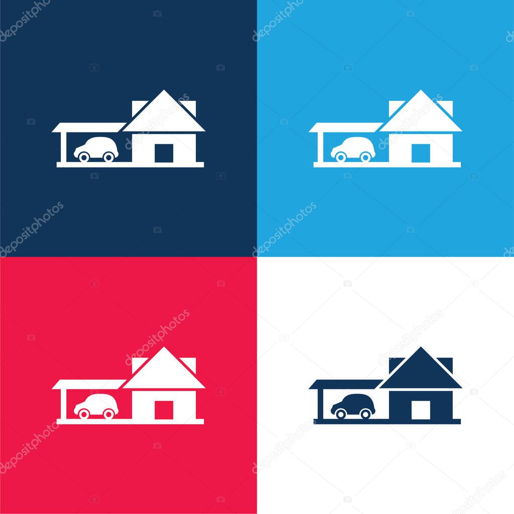 Big House With Car Garage blue and red four color minimal icon set
