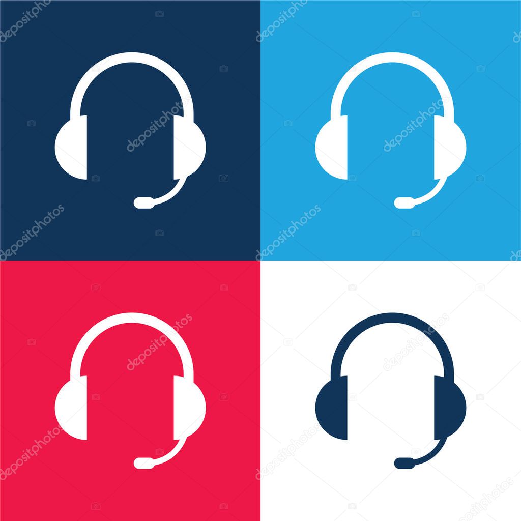 Audio Headset Of Auriculars With Microphone Included blue and red four color minimal icon set