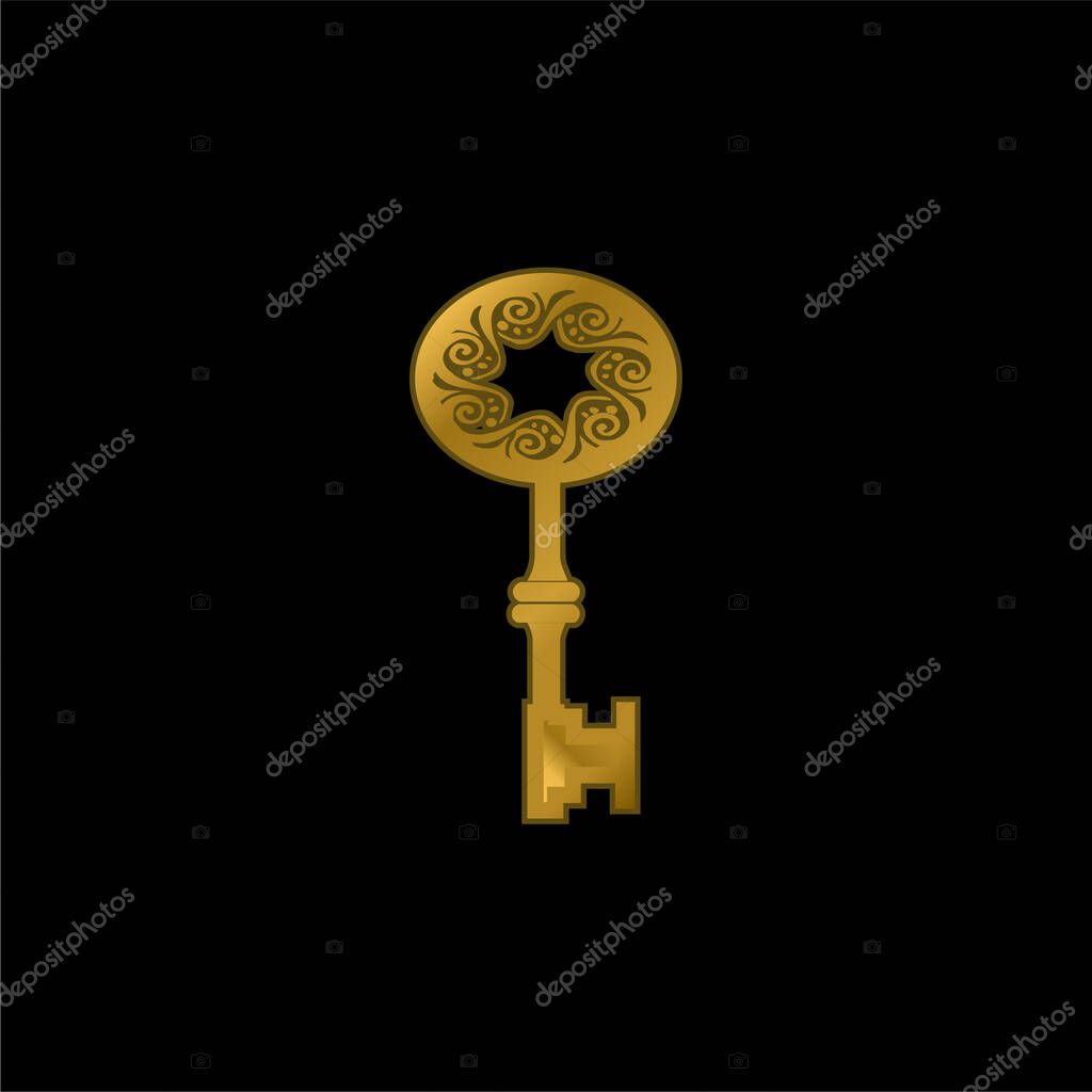 Antique Key Shape With Star Hole In The Middle Of Spirals In An Oval gold plated metalic icon or logo vector