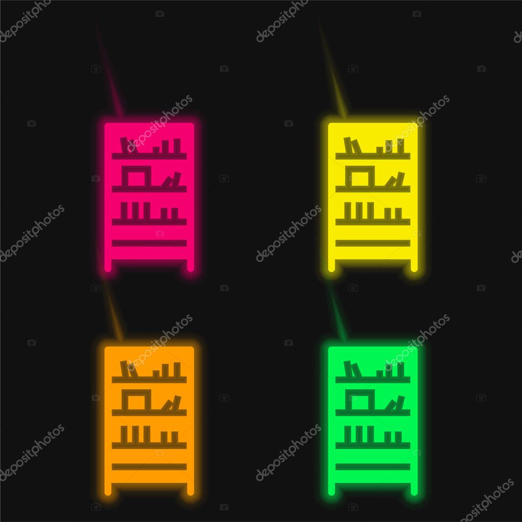 Bookshelf four color glowing neon vector icon