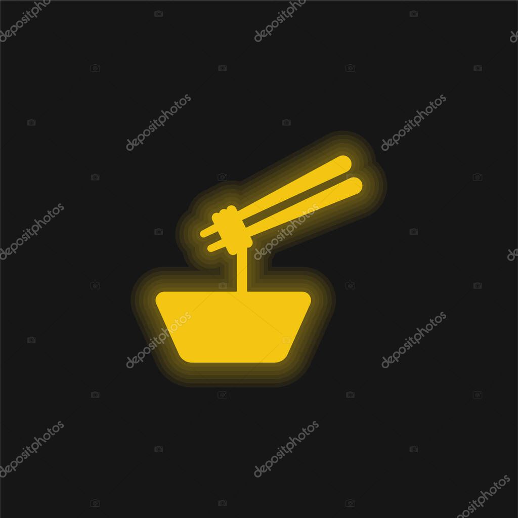 Bowl Of Ramen With Chopsticks yellow glowing neon icon