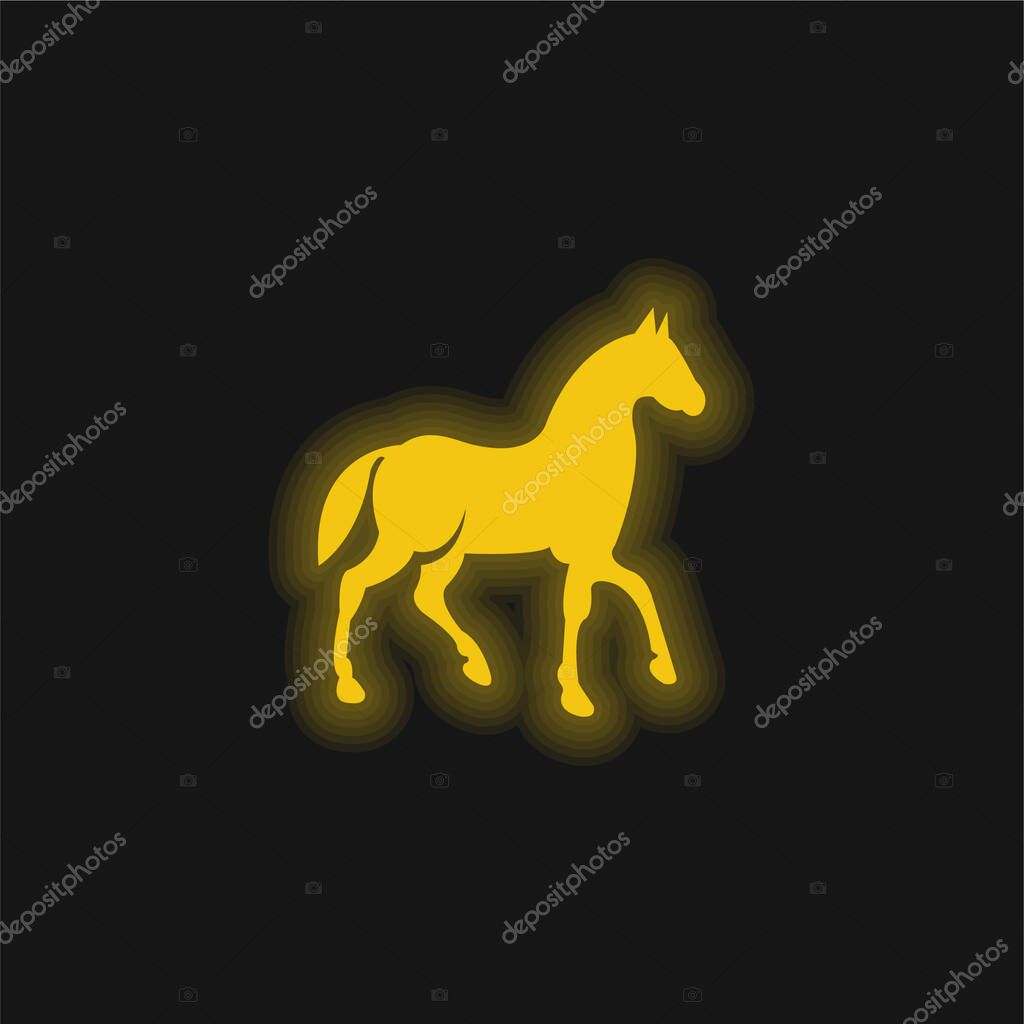Black Race Horse On Walking Pose Side View yellow glowing neon icon