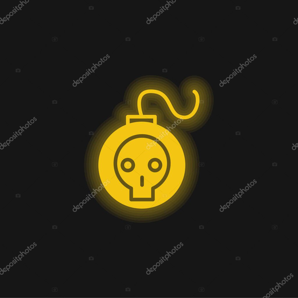 Bomb With Skull Outline yellow glowing neon icon