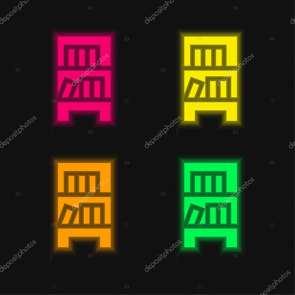 Bookcase four color glowing neon vector icon