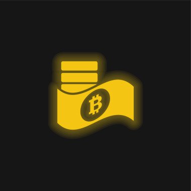 Kağıt üzerinde Bitcoin Sembolü Ve Paralar sarı parlak neon simgesi