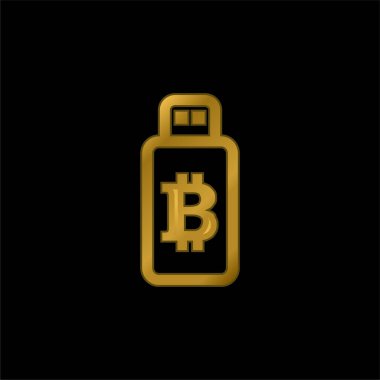 Usb Aygıtındaki Bitcoin İşareti Altın kaplama metalik simge veya logo vektörü