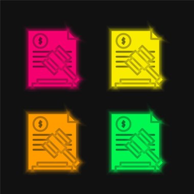Açık arttırma dört renkli parlak neon vektör simgesi