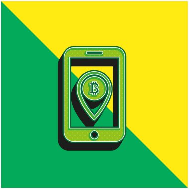 Ekran Yeşil ve Sarı 3D vektör logosu üzerinde Bir Yer Tutucu Sembollü Bitcoin Cep Telefonu