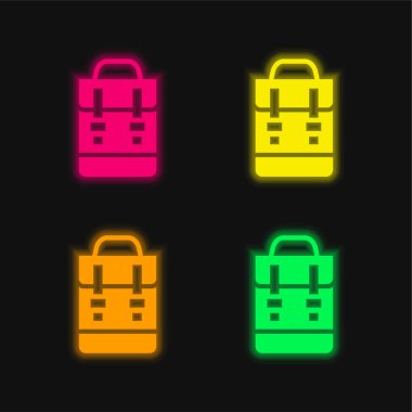 Sırt çantasında parlayan dört renk neon vektör simgesi