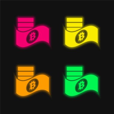 Kağıt ve Sikkelerde Bitcoin Sembolü Parlayan dört renk neon vektör simgesi
