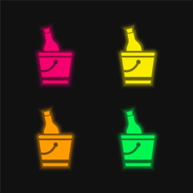 Şişe ve buz kovası dört renkli parlayan neon vektör simgesi