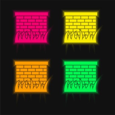Bricks Wall With Grass Leaves Border four color glowing neon vector icon clipart