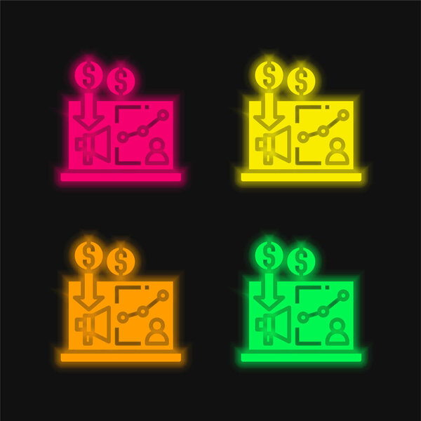 Реклама четырехцветный светящийся неоновый вектор значок