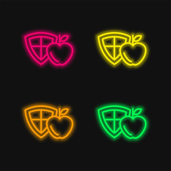 Яблоко и щит четыре цвета светящийся неоновый вектор значок