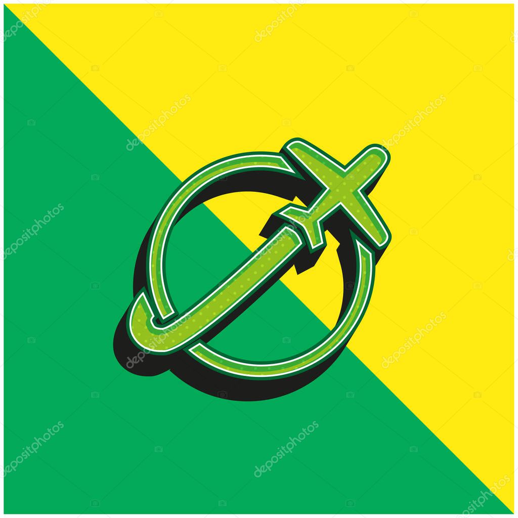 Airplane Travelling Around Earth Green and yellow modern 3d vector icon logo