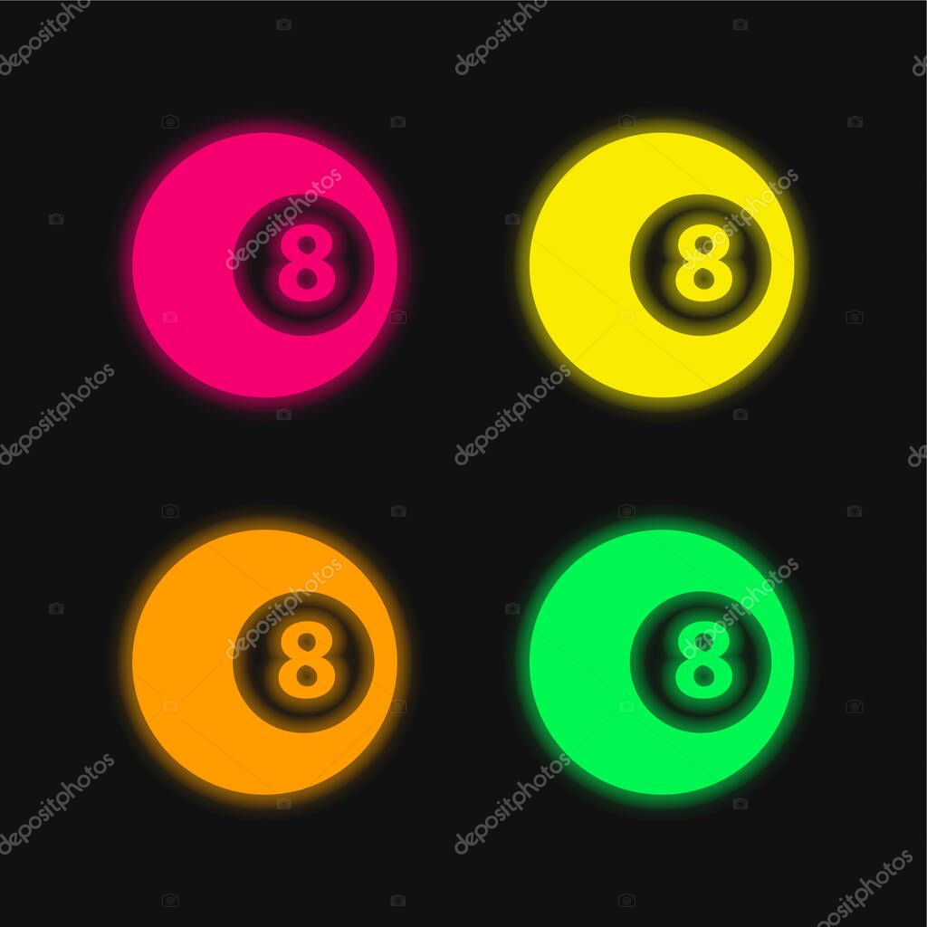 Black Eight Billiard Ball four color glowing neon vector icon
