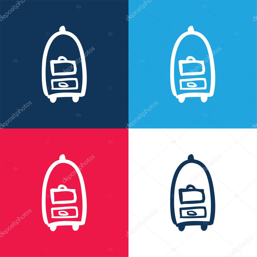 Baggages Hotel Cart Transportation Hand Drawn Tools blue and red four color minimal icon set