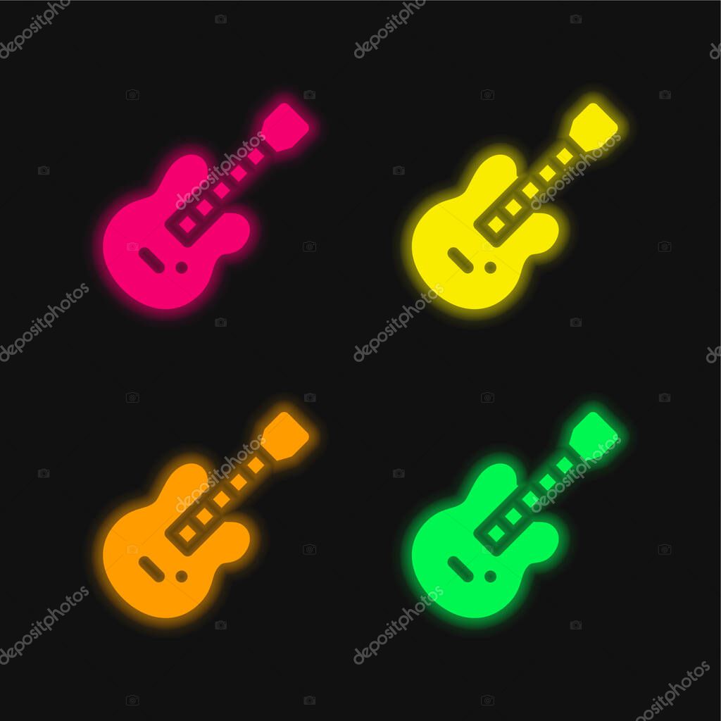 Bass Guitar four color glowing neon vector icon