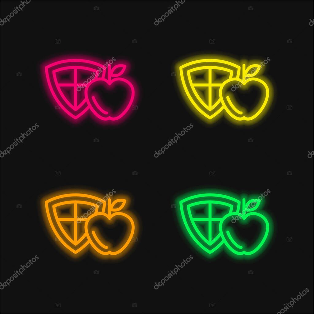 Apple And A Shield four color glowing neon vector icon