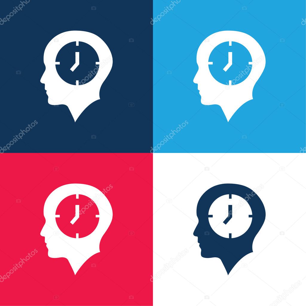 Bald Head With A Clock blue and red four color minimal icon set