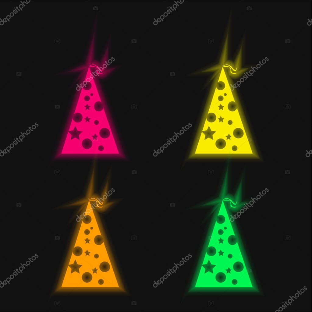 Birthday Hat With Dots And Stars four color glowing neon vector icon